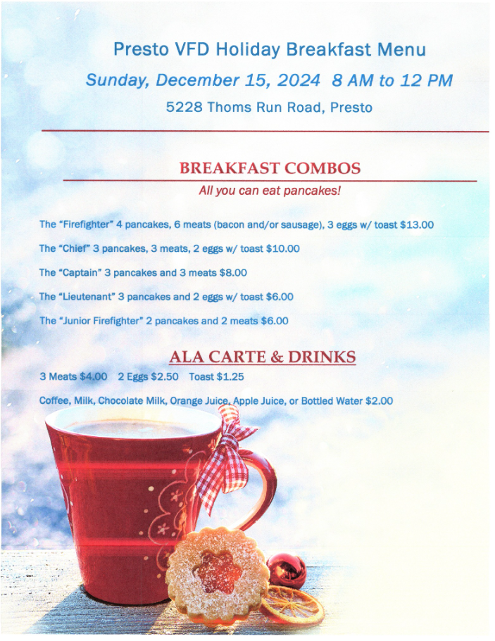 Presto VFD Holiday Breakfast Menu, Dec 15, 2024. Breakfast combos, ala carte items, and drinks listed with prices.