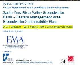 The image is a public review draft regarding groundwater sustainability in the Santa Ynez River Valley, dated November 20, 2020.