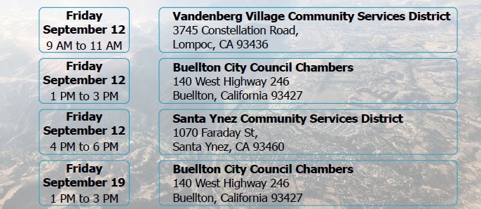 Schedule of meetings on September 12 and 19 at various locations in California, including times and addresses.