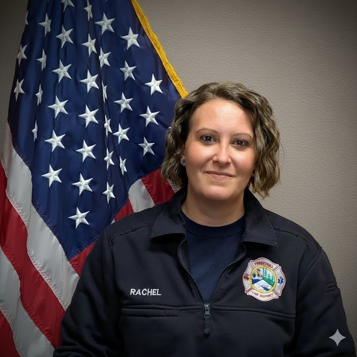 A person in a dark jacket with "Rachel" on the name tag stands in front of the American flag.