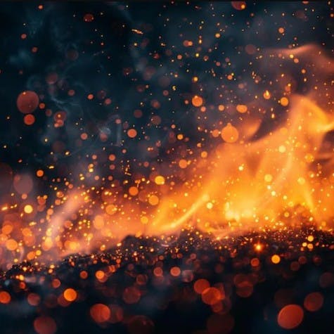 The image depicts a fiery scene with flames and glowing sparks against a dark background, creating an intense, dramatic effect.