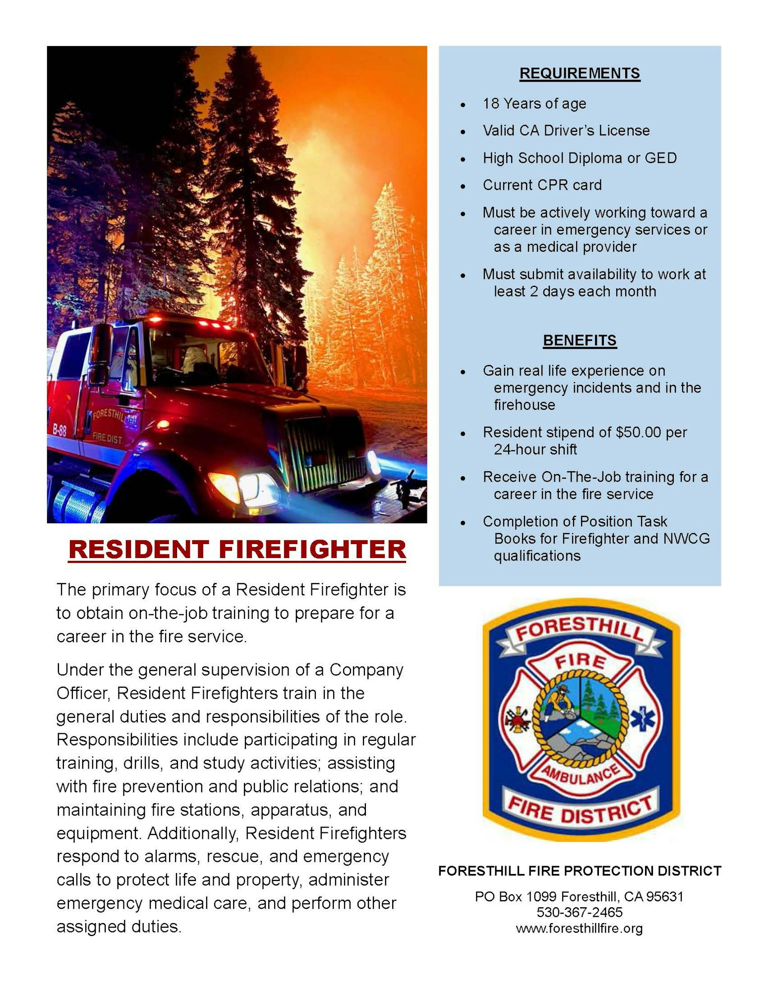 The image details a Resident Firefighter program in Foresthill, highlighting requirements and benefits for aspiring candidates.