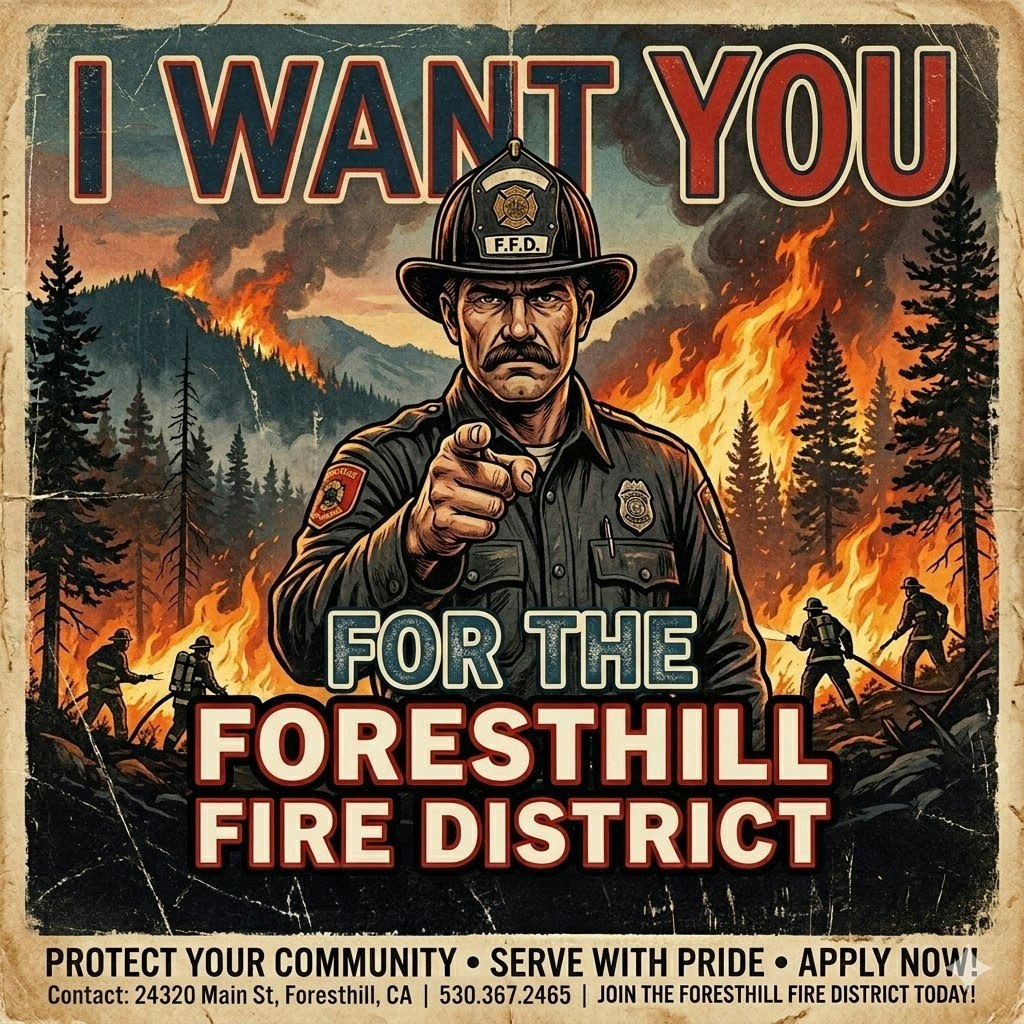 A recruitment poster for the Foresthill Fire District, urging people to join and protect their community.