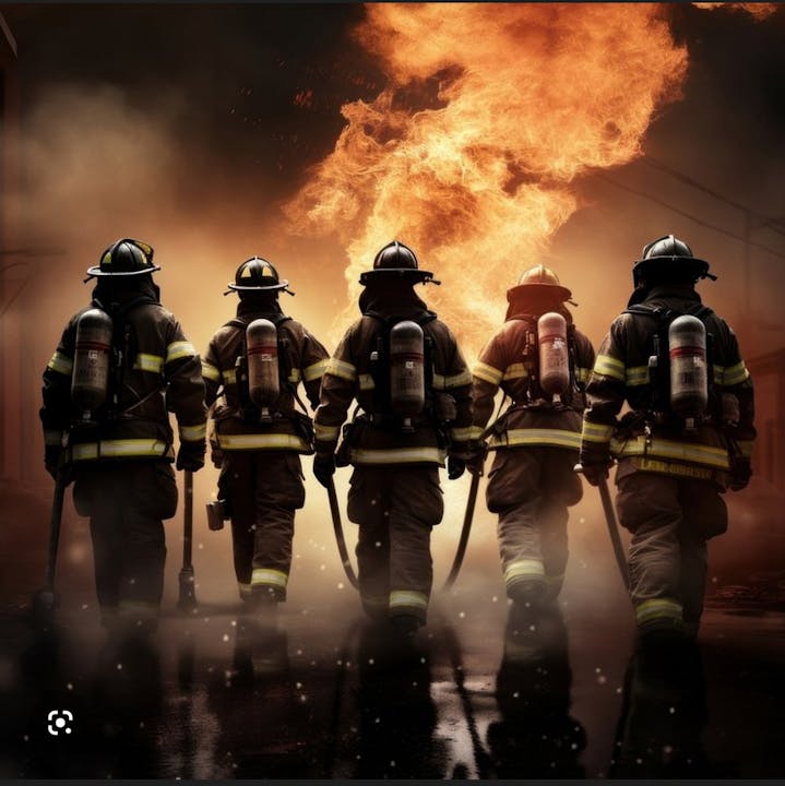 Five firefighters walking away from a fiery blaze, showcasing teamwork and bravery in their protective gear.