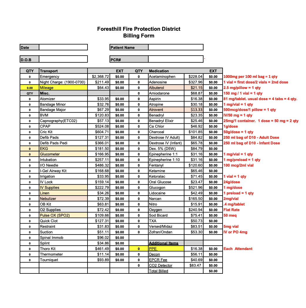 The image is a billing form from the Foresthill Fire Protection District detailing transport and medication charges for patients.