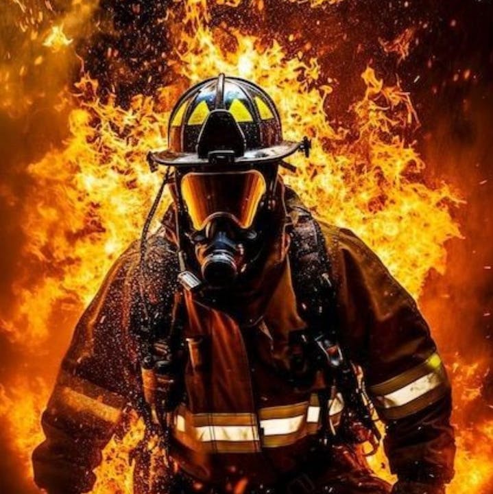 A firefighter in full gear, facing flames, showcasing courage and bravery in a dramatic, fiery scene.