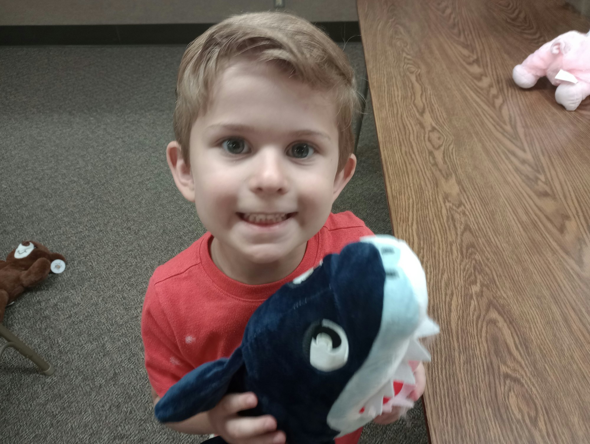 Child smiling, holding a plush shark toy. Other stuffed animals on the table and floor nearby.