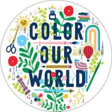 A colorful graphic with text "COLOR OUR WORLD," featuring playful drawings like trees, scissors, and a hot air balloon.