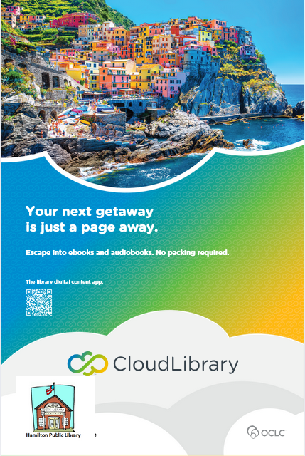 A promotional image for CloudLibrary, highlighting access to ebooks and audiobooks for a virtual getaway.