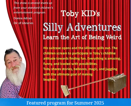 Adult male with a suitcase, promoting "Silly Adventures" entertainment program for Summer 2025, focused on fun and laughter.