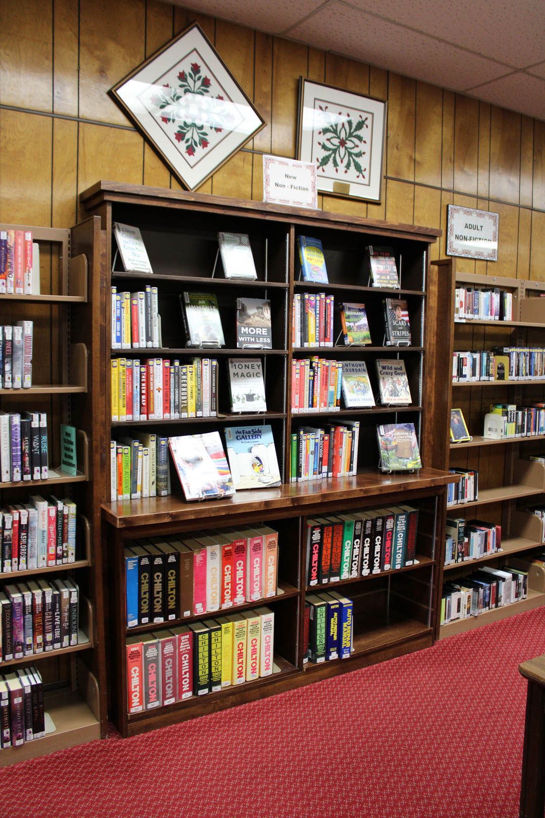 A cozy library space featuring bookshelves filled with various non-fiction books and decorative wall art.