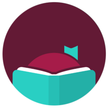 The image features an open book with a bookmark, set against a circular background. It symbolizes reading or literature.