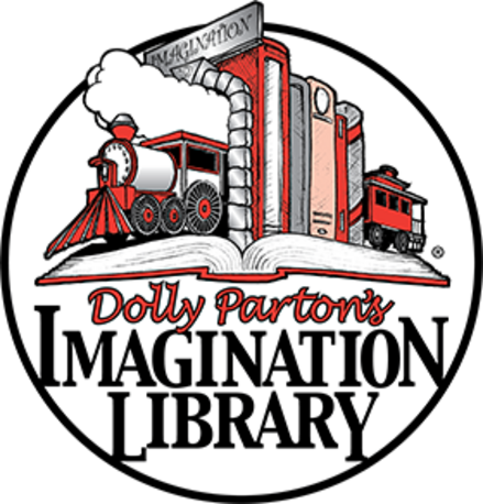 The image features the logo for Dolly Parton's Imagination Library, depicting books and a train theme.
