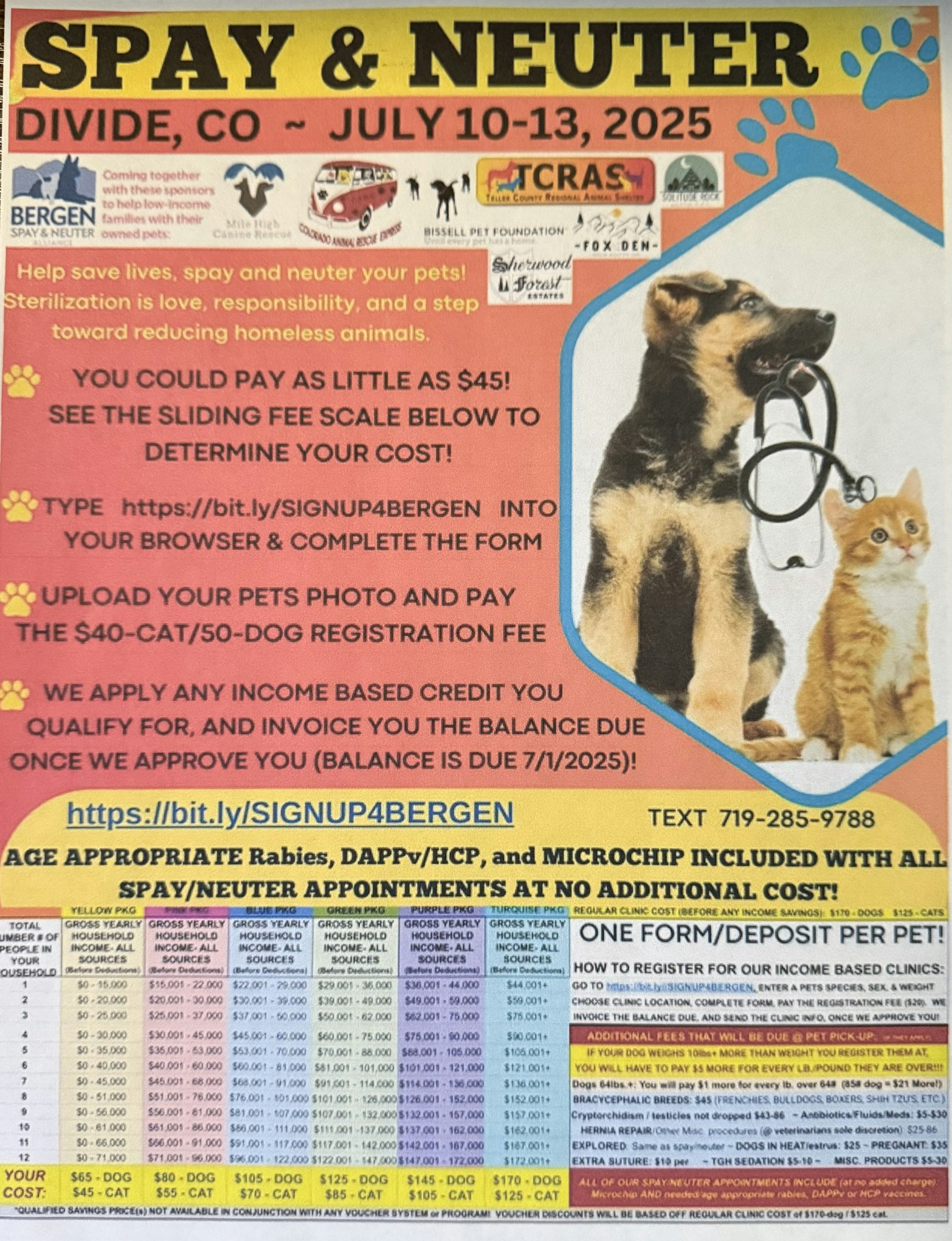 Spay & Neuter event in Divide, CO from July 10-13, 2025. Offers low-cost pet sterilization. Visit link for details and registration.