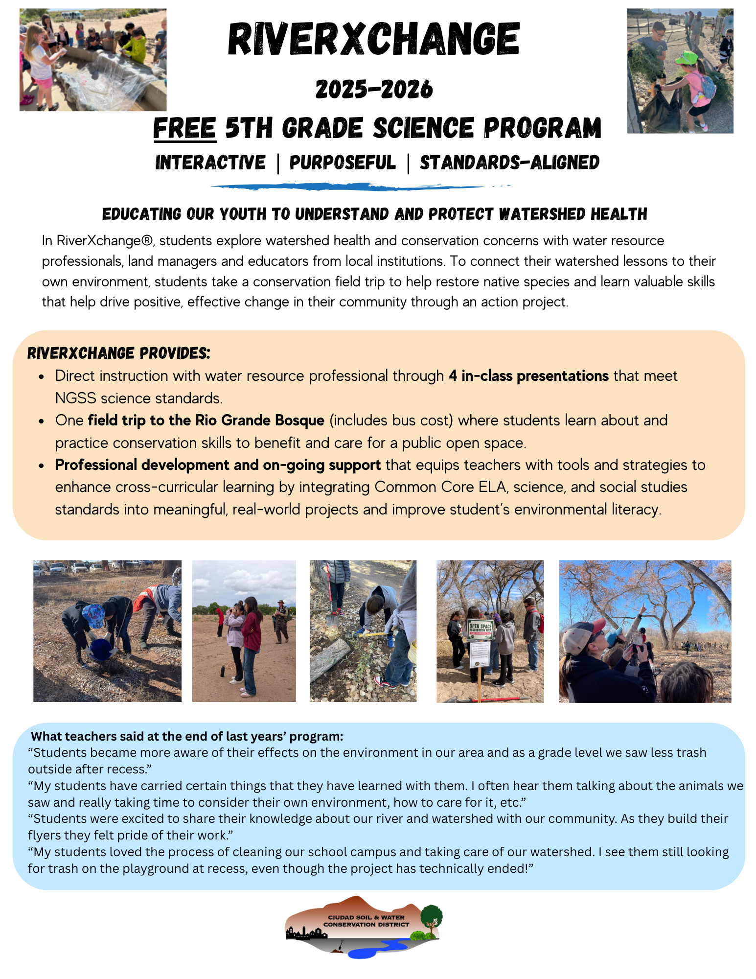 Free science program poster for 5th graders, focusing on watershed health with classes, field trips, and professional support.