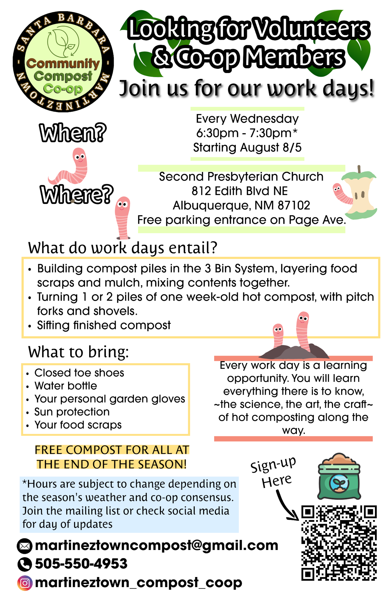 Volunteer for compost co-op workdays in Albuquerque every Wednesday, 6:30-7:30 PM. Bring shoes, gloves, and scraps. Contact: martineztowncompost@gmail.com