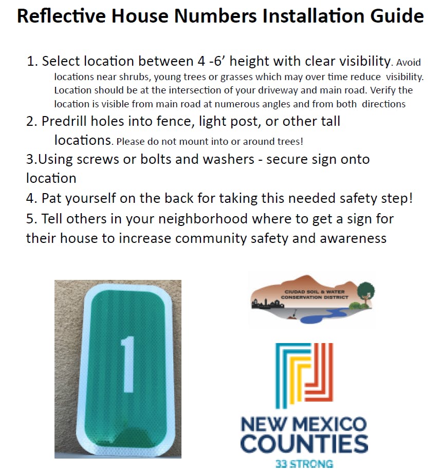 Reflective House Numbers Installation Guide by New Mexico Counties with steps for installing visible house number signs.