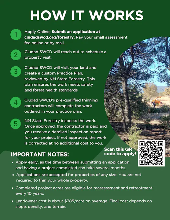 Flyer outlining steps for applying to forestry services at ciudadswcd.org, including property visits and inspections.