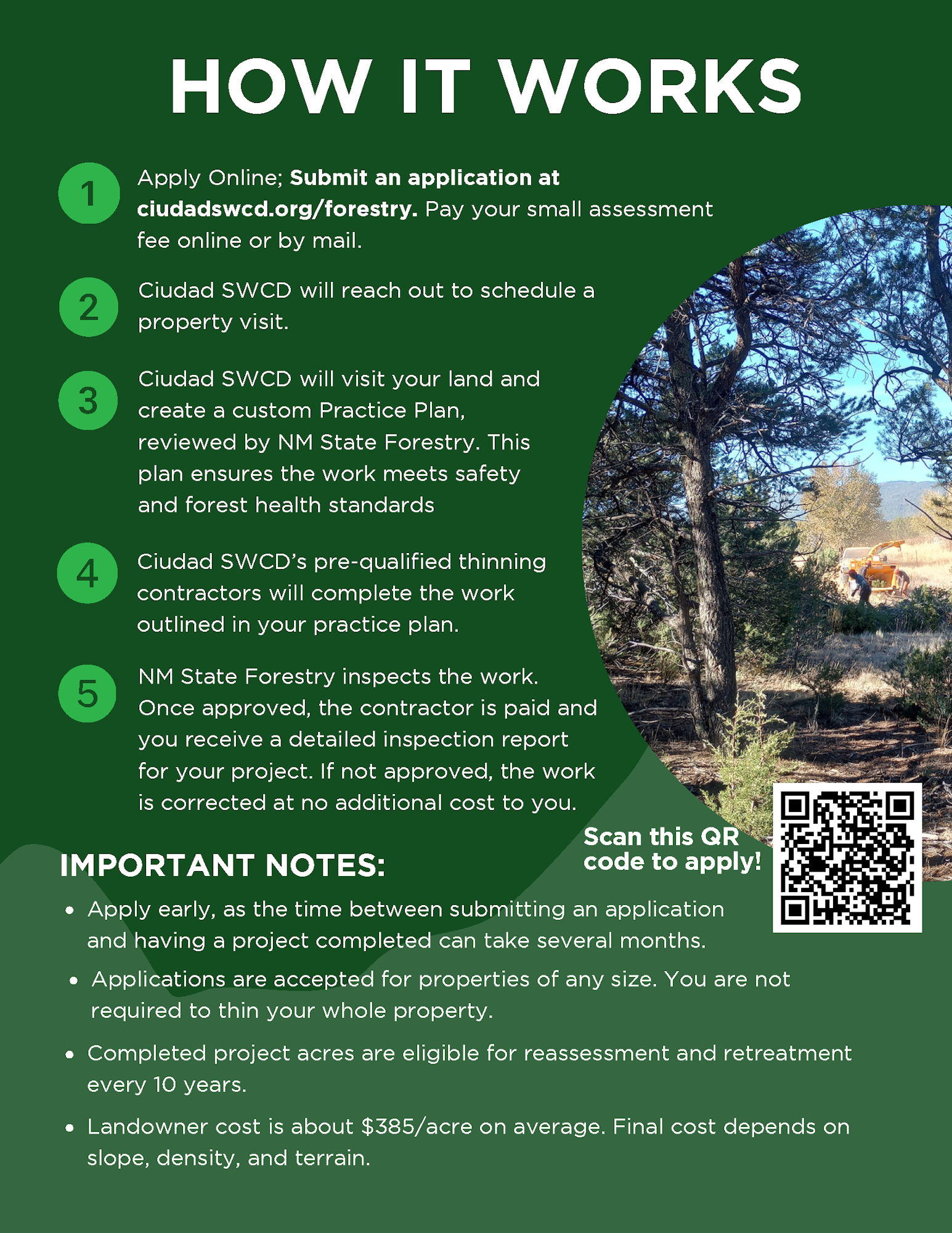 Flyer outlining steps for applying to forestry services at ciudadswcd.org, including property visits and inspections.