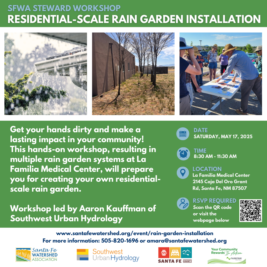 Workshop on residential-scale rain garden installation at La Familia Medical Center, May 17, 2025, 8:30 AM. RSVP required.