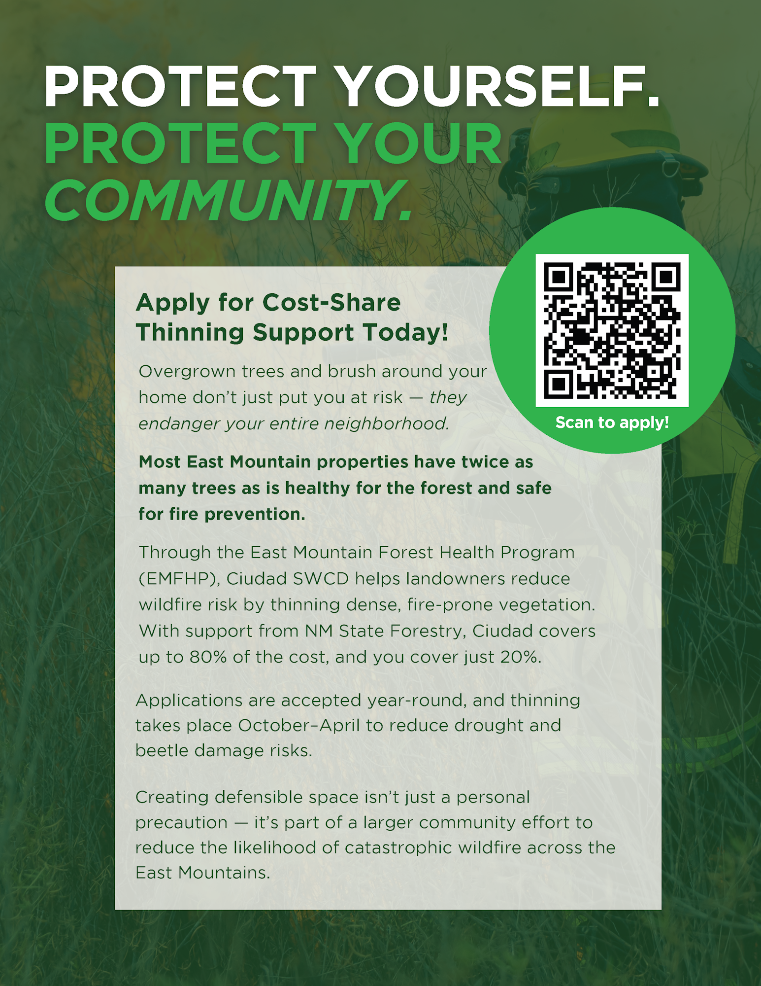 Flyer for cost-share thinning support to reduce wildfire risk in the East Mountains. Includes a QR code to apply.