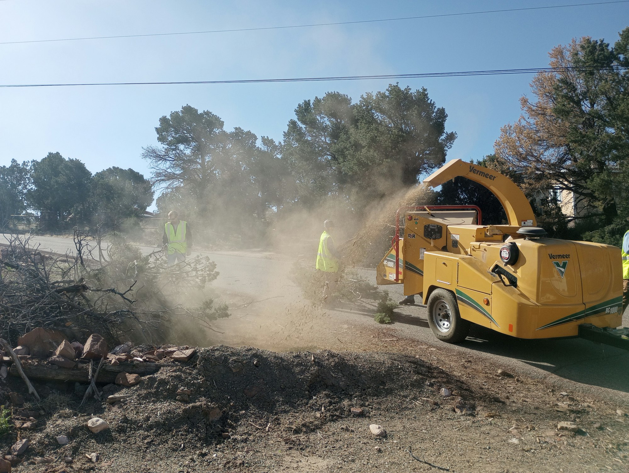 Workers use a wood chipper to grind branches; dust fills the air.