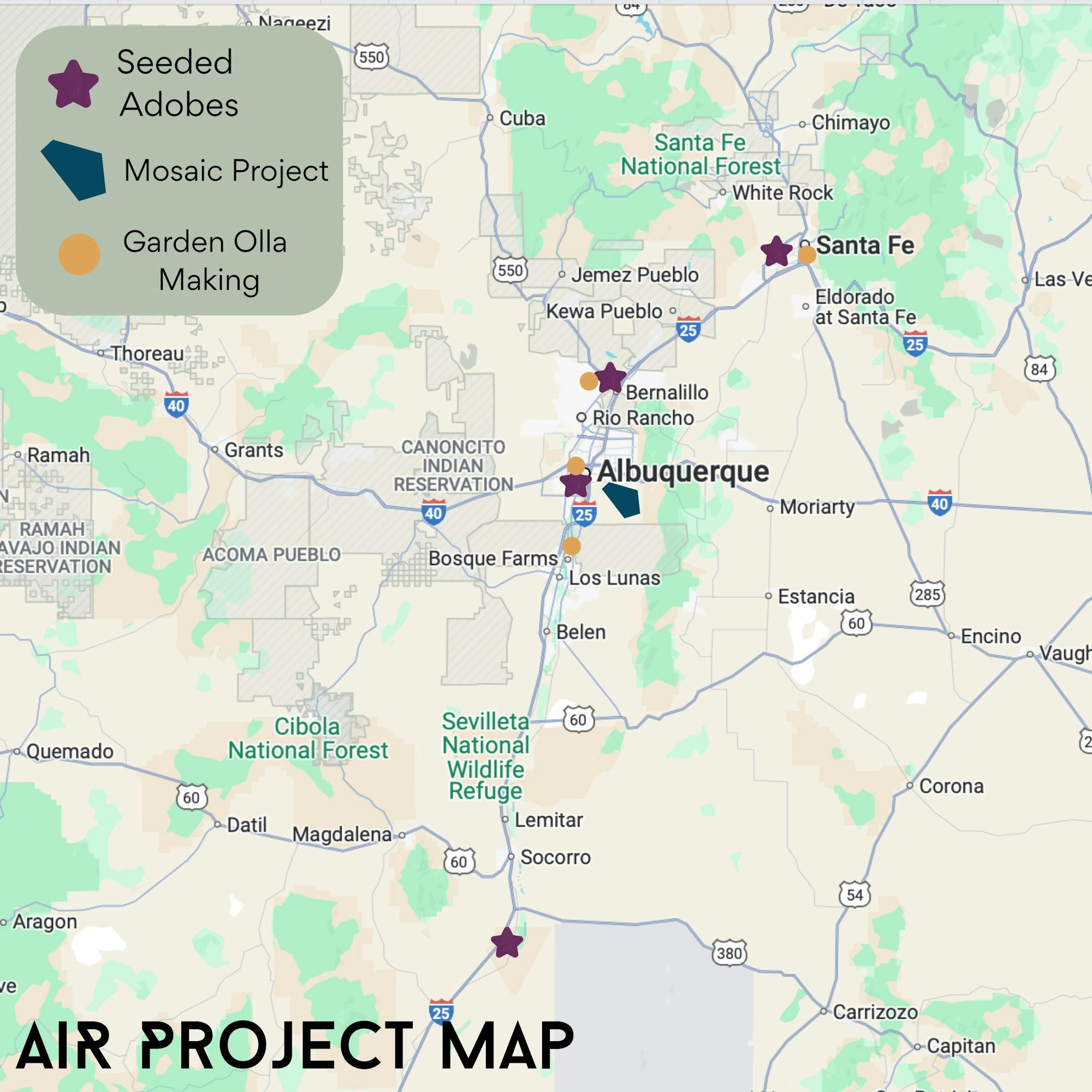 Map of project locations in New Mexico with markers for Seeded Adobes, Mosaic Project, and Garden Olla Making.
