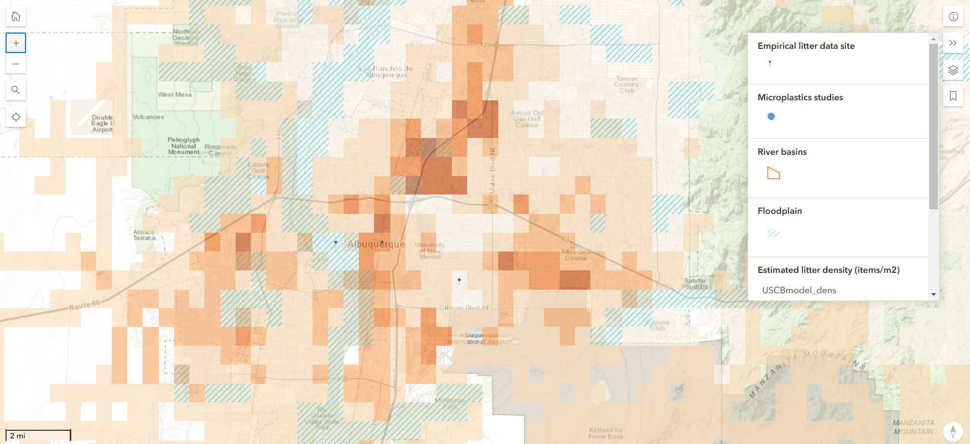 Map of Albuquerque, New Mexico showing litter density, river basins, floodplains, and microplastic study sites.