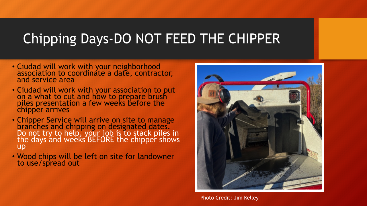 Text about chipping services coordination and safety with an image of a person near a wood chipper.