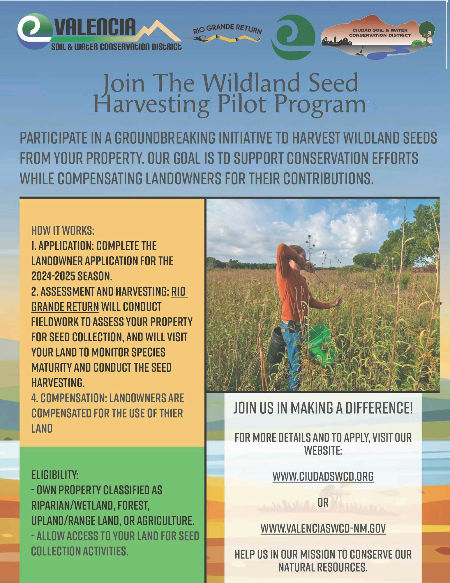 A flyer for the Wildland Seed Harvesting Pilot Program, promoting conservation and offering landowner compensation for participating.