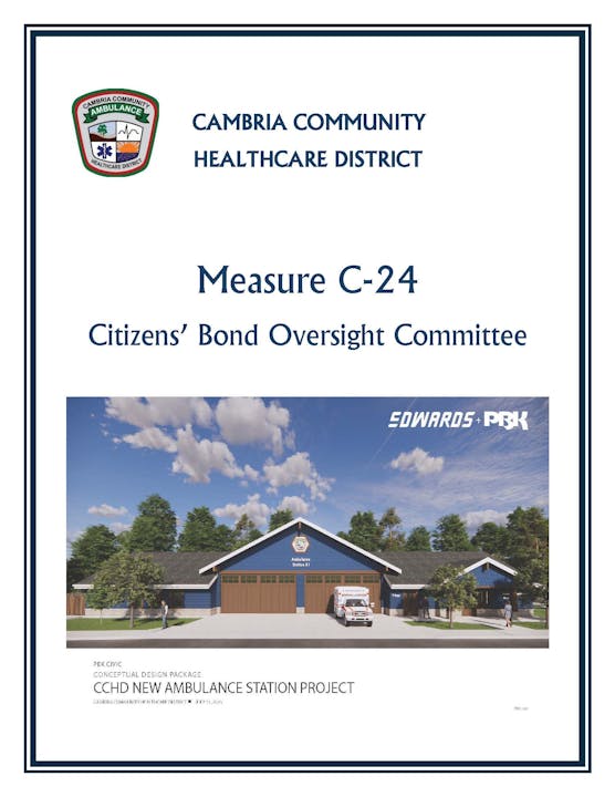 Cambria Community Healthcare District’s Measure C-24 for new ambulance station project, with a building rendering and logos.
