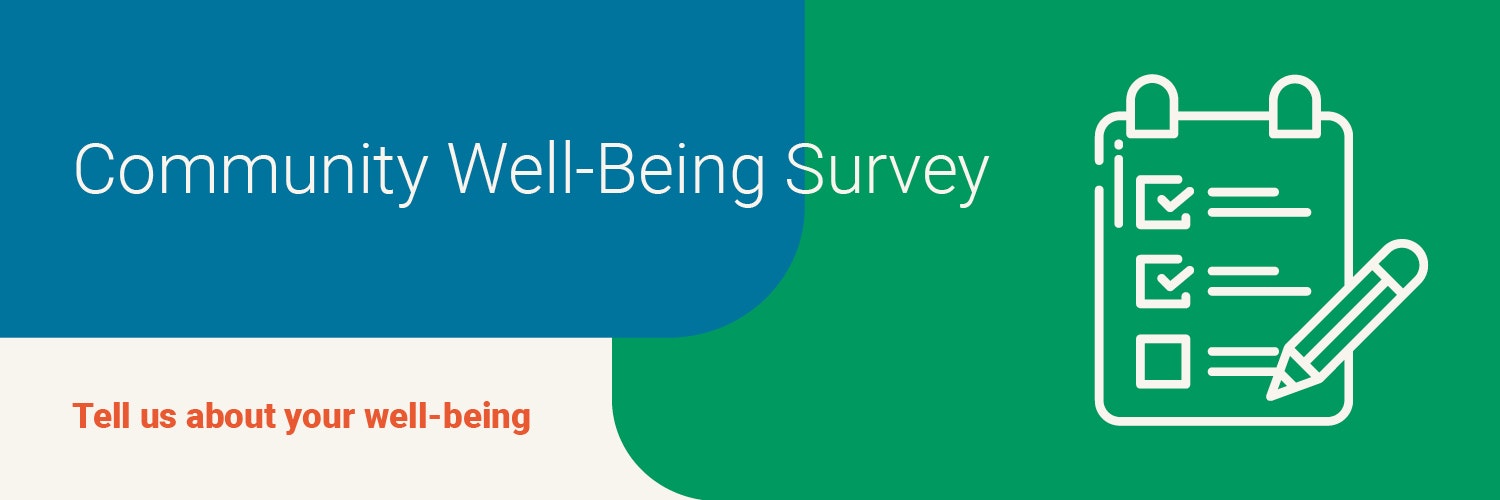 A graphic for a "Community Well-Being Survey" with text and a clipboard icon.