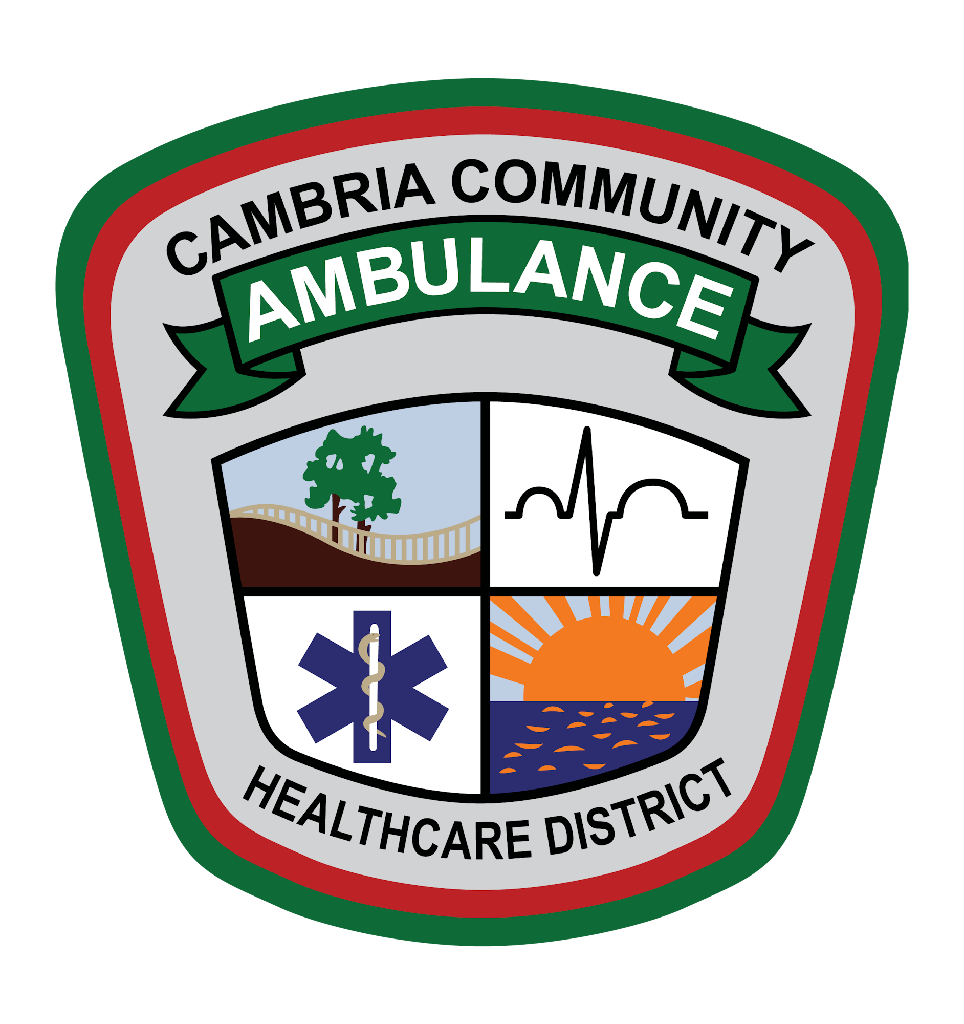 Emblem of Cambria Community Ambulance with a shield, medical symbol, tree, heart rhythm, and sunset over water.