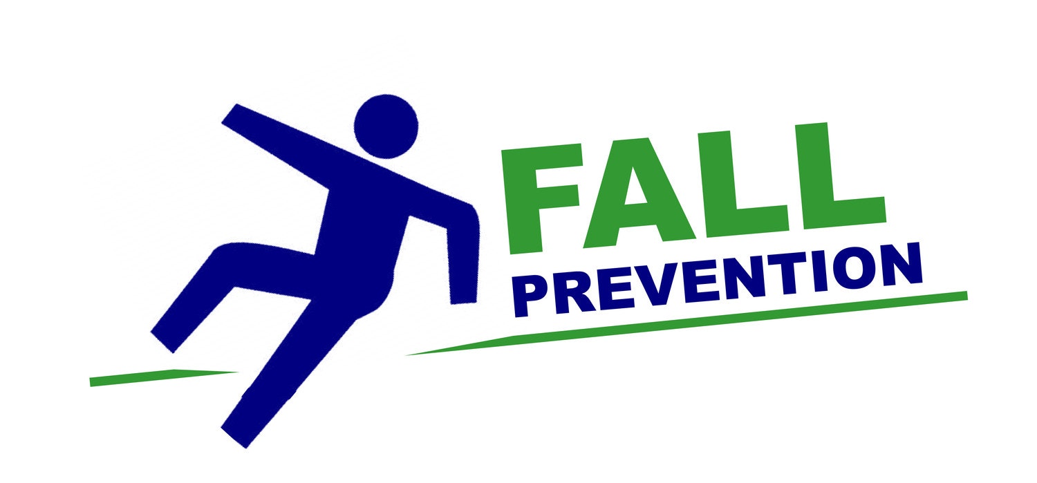 A logo with a stick figure in a running pose and the words "FALL PREVENTION".