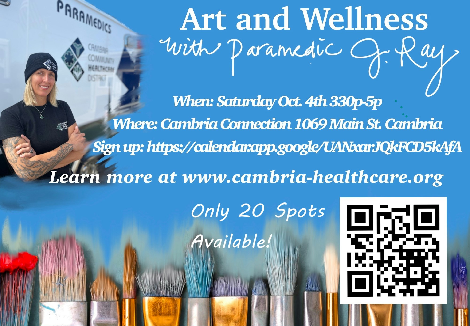 Art and Wellness event with a paramedic, info and sign-up link, 20 spots available, featuring a photo of a person and paintbrushes.