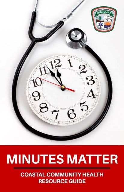 A clock with stethoscope, "MINUTES MATTER" text, and an emblem likely depicting healthcare services.