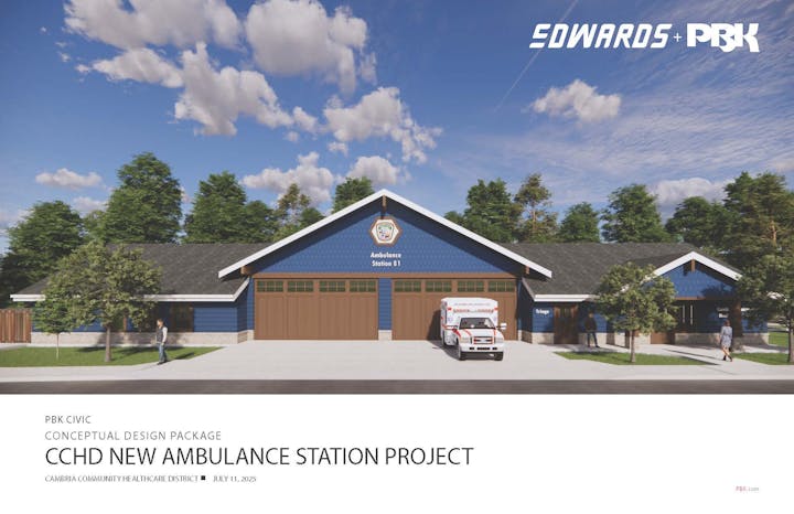 Conceptual design of a new ambulance station project for Cambria Community Healthcare District, featuring a building and ambulance.