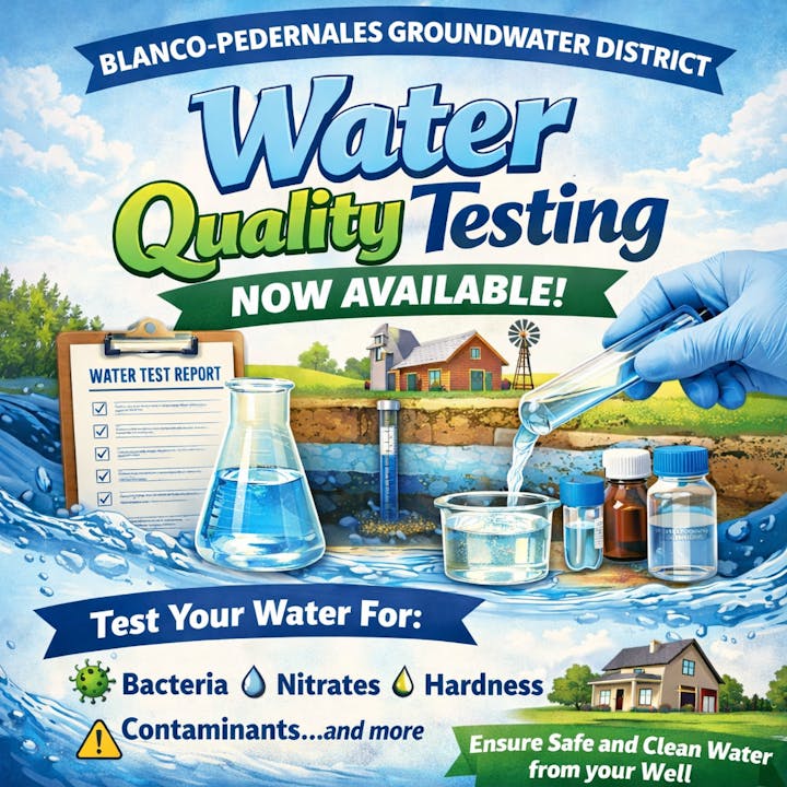 Blanco-Pedernales Groundwater District offers water quality testing for bacteria, nitrates, hardness, and contaminants.