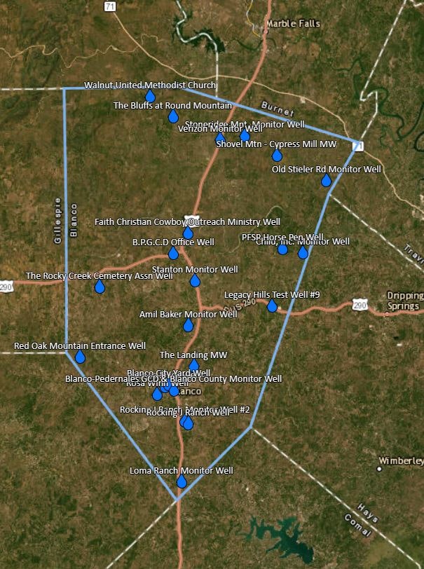 Map showing monitor wells and landmarks in Texas Hill Country, including well locations and city boundaries.