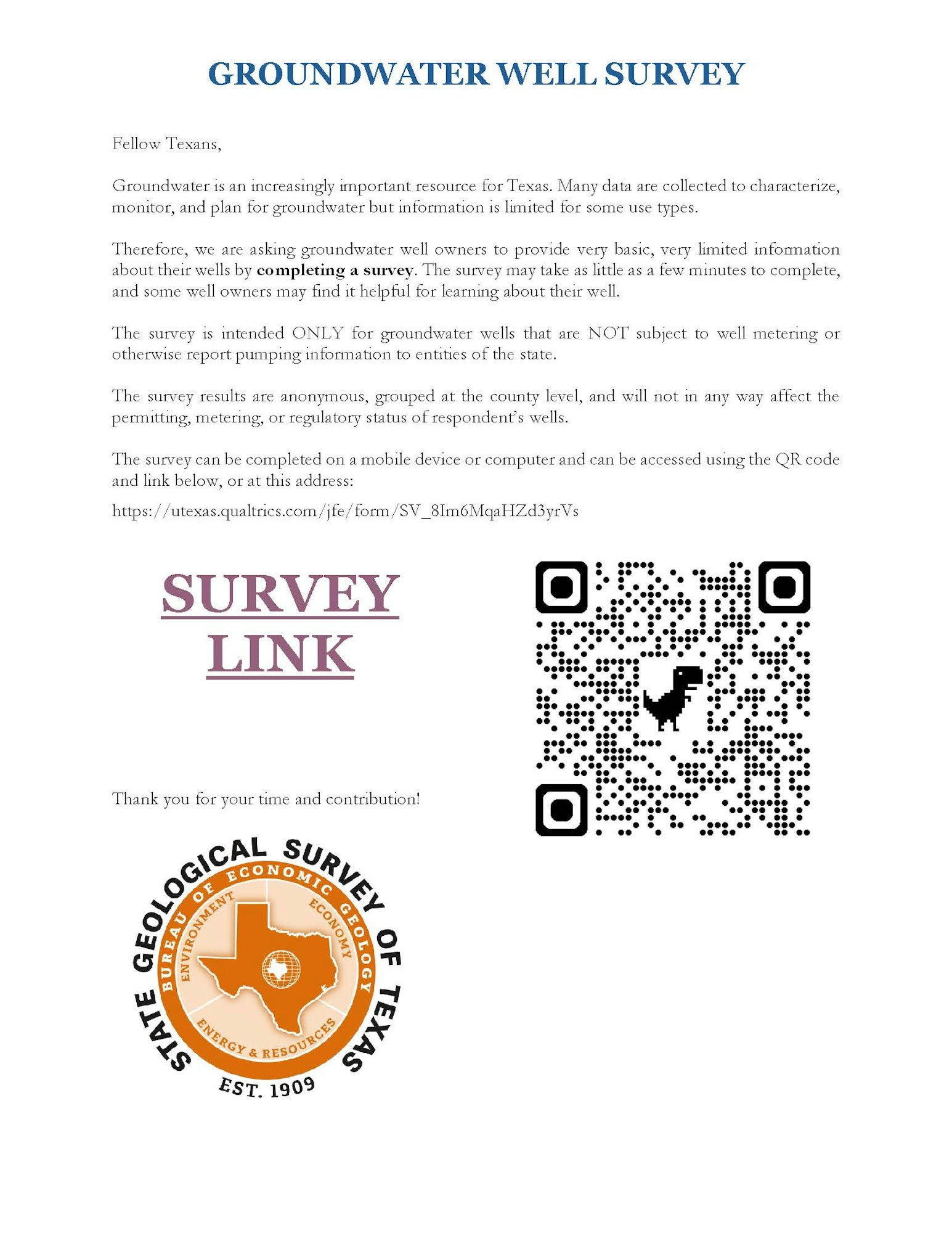The image is a notice for a Texas groundwater well survey, requesting owners to share well information anonymously.