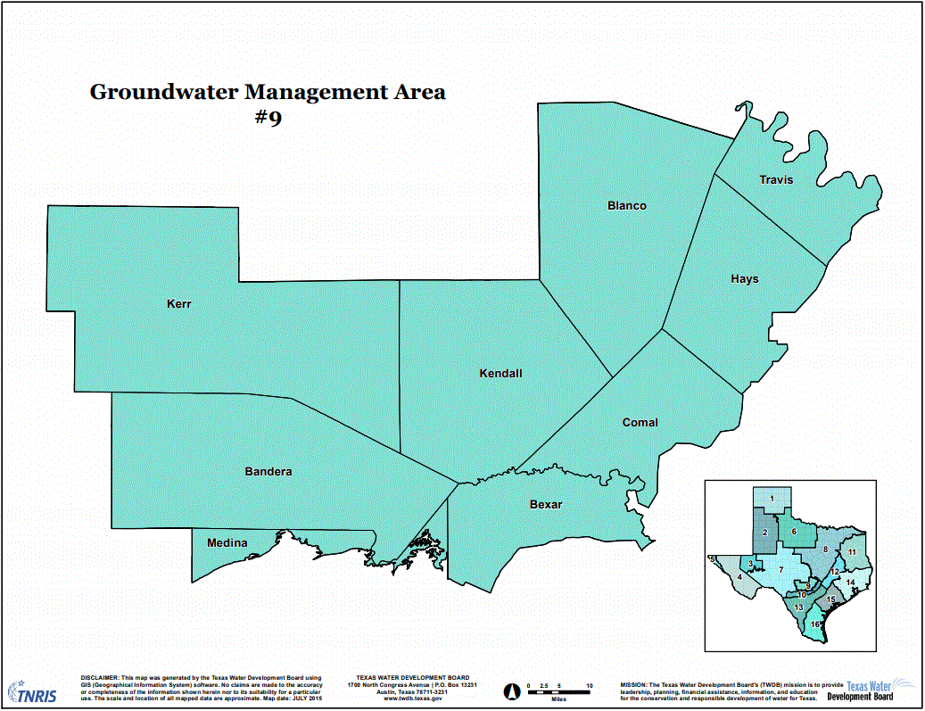 Map of Groundwater Management Area #9 in Texas showing counties: Kerr, Blanco, Travis, Hays, Bandera, Medina, Kendall, Comal, Bexar.