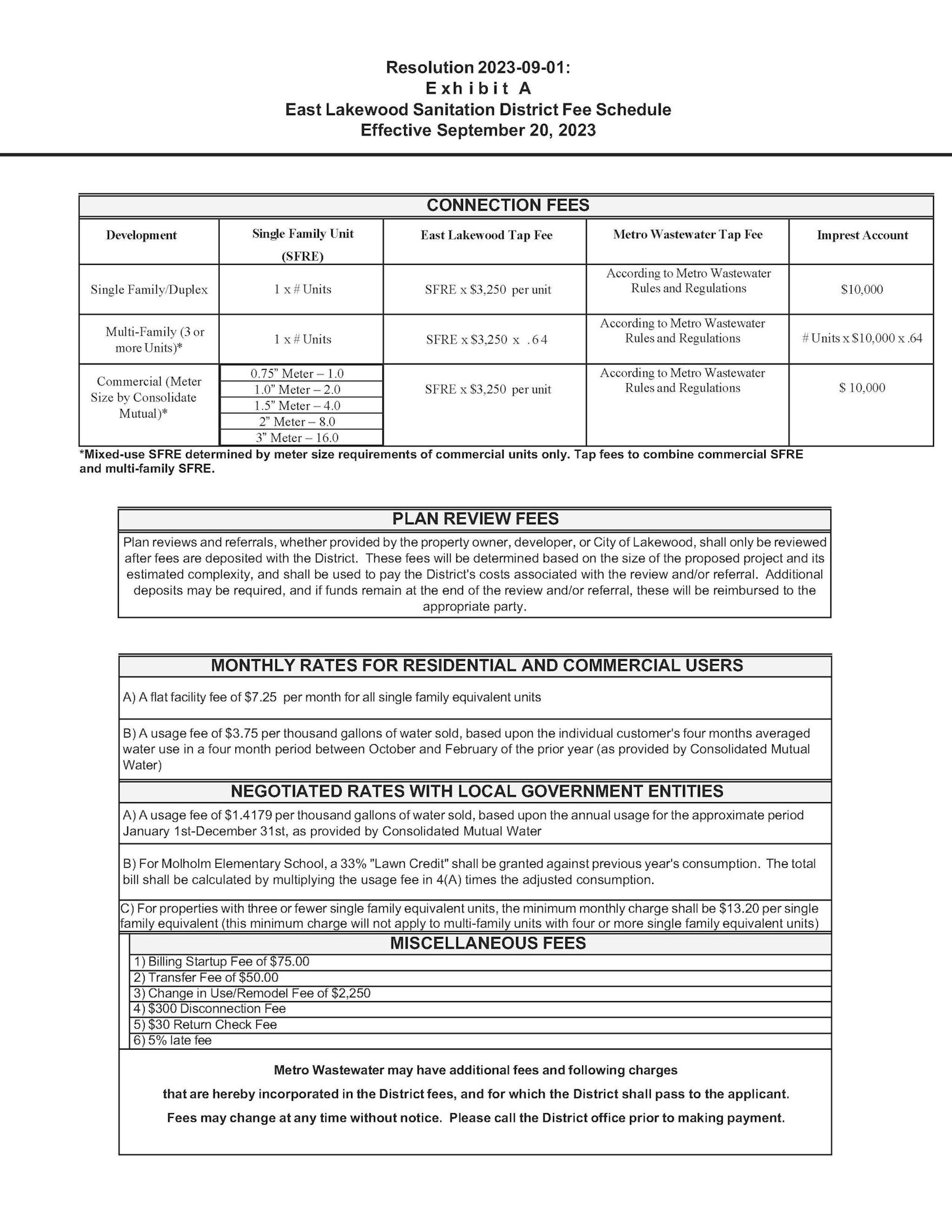 An official document detailing a sanitation district fee schedule with connection, plan review, monthly rates, negotiated rates, and miscellaneous fees.