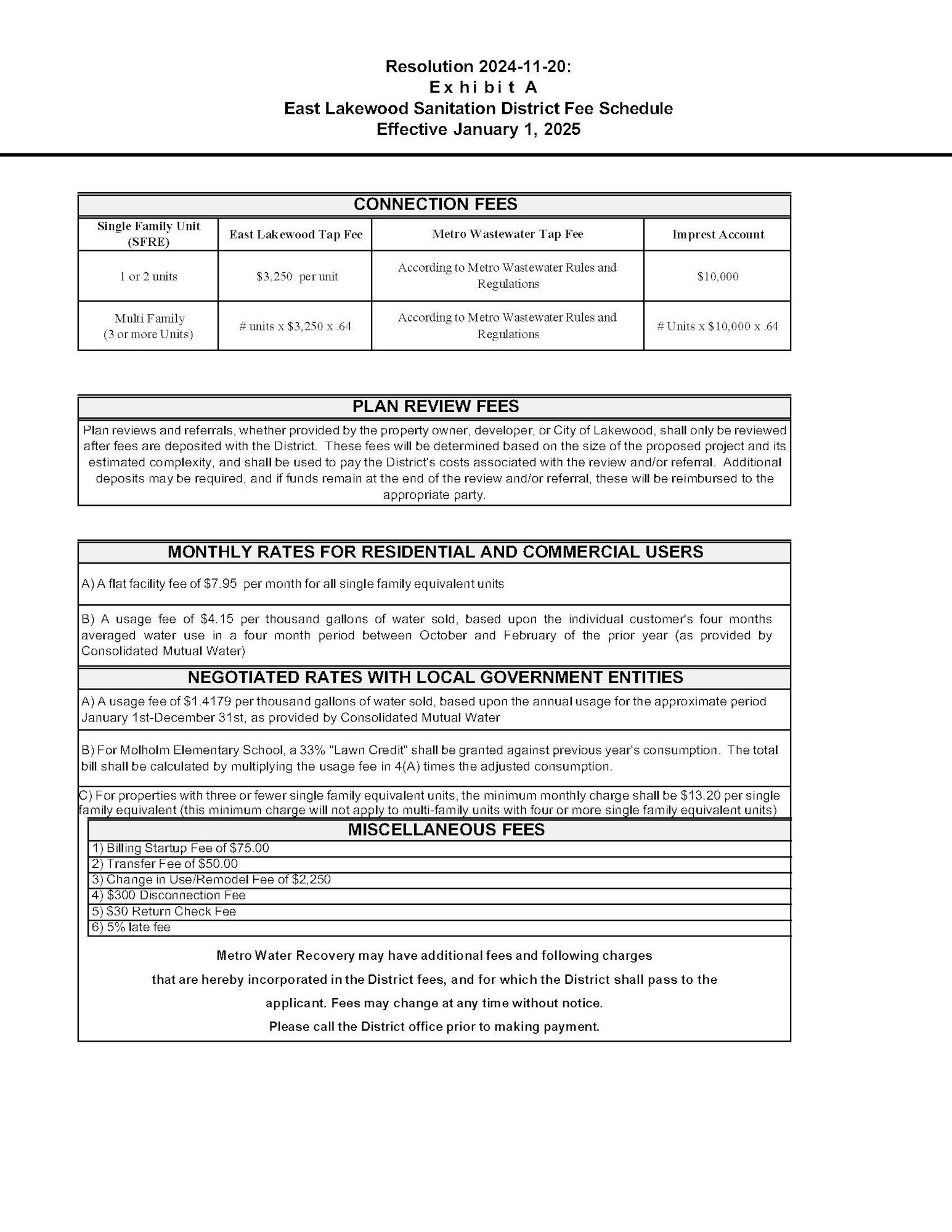 East Lakewood Sanitation Fee schedule effective January 1, 2025, includes connection, plan review, monthly, negotiated, and miscellaneous fees.