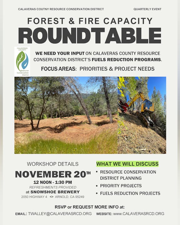 Flyer for a Forest & Fire Capacity Roundtable event on Nov 20th, discussing conservation and fuels reduction in Calaveras County.