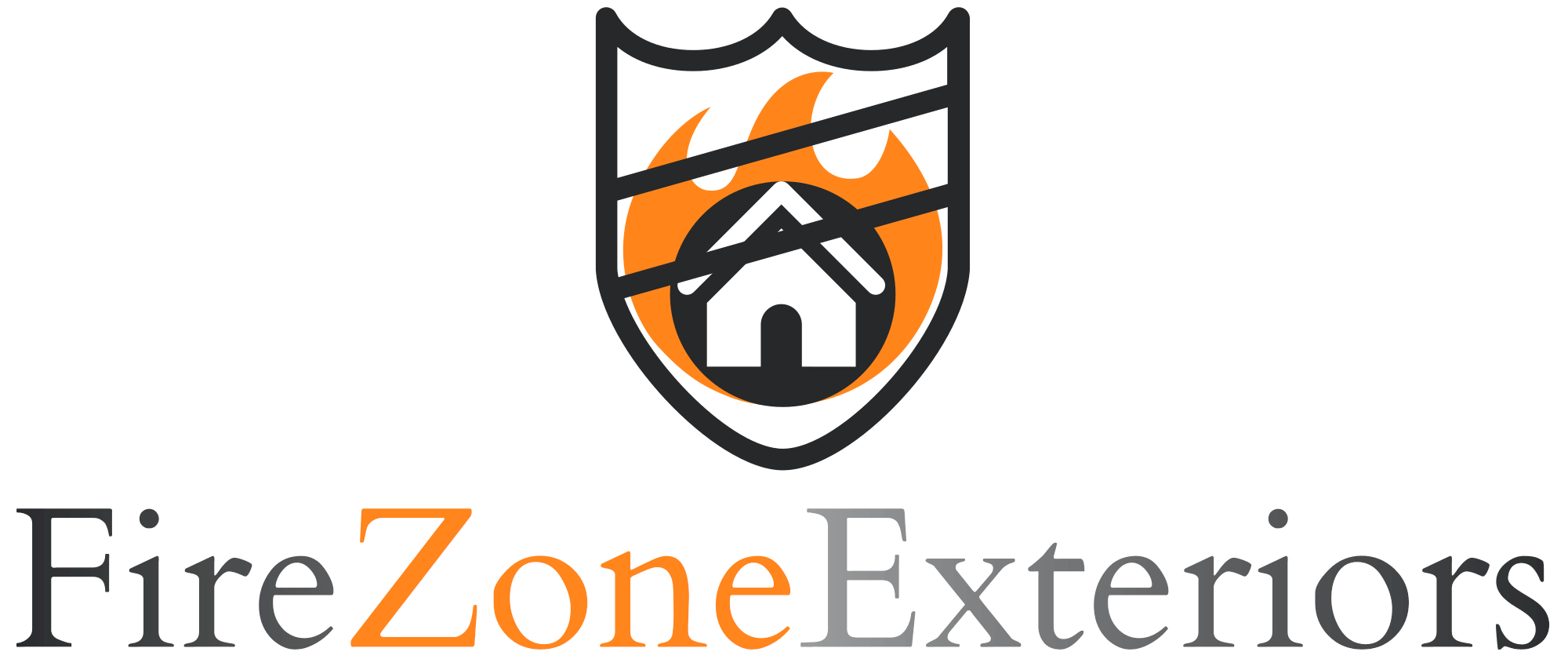 Logo with a house inside a shield and flames, text "FireZone Exteriors".