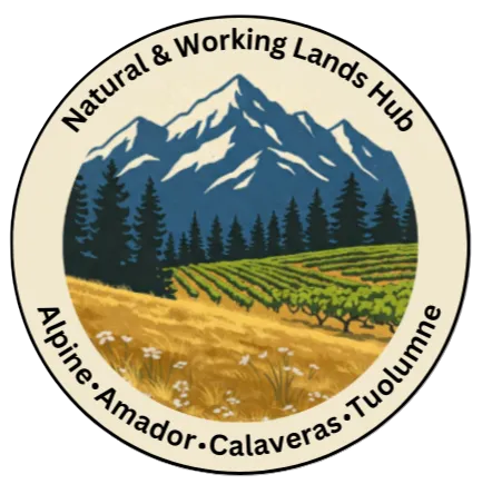 The image is a logo for the "Natural & Working Lands Hub," featuring mountains, forests, and fields, with names of four counties.