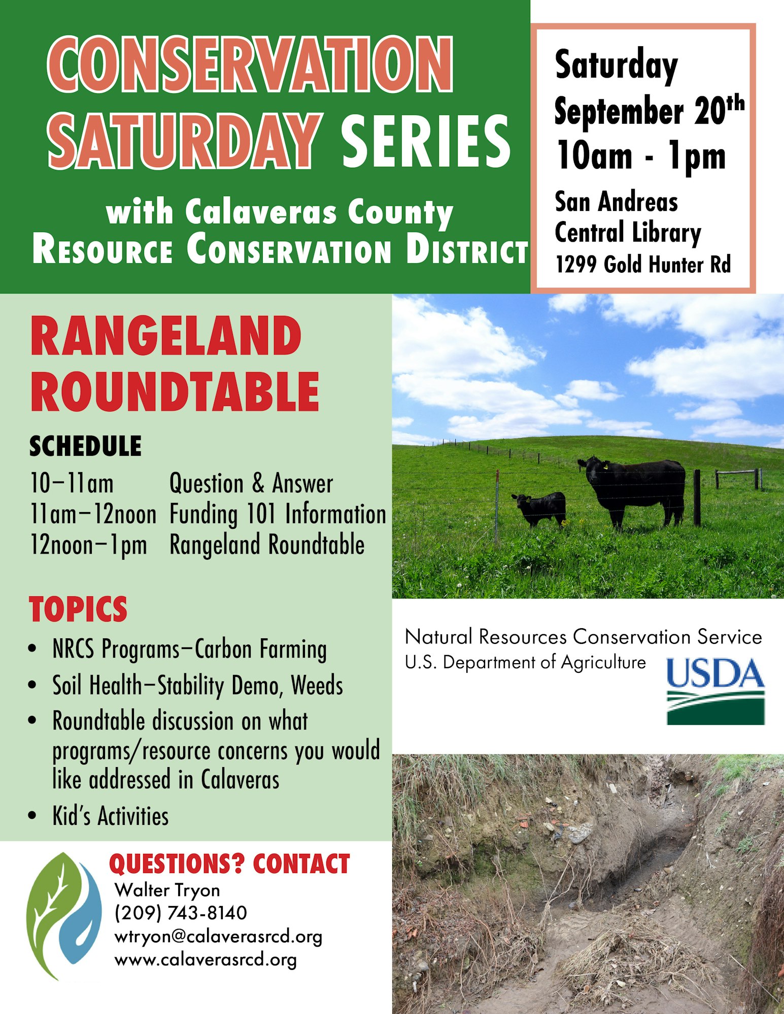 Conservation Saturday Series event on rangeland at San Andreas Library, Sept 20, 10am-1pm. Includes topics on farming, soil health, and more.