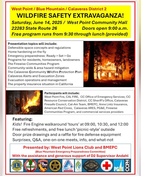 Wildfire Safety Extravaganza on June 14, 2025, offers presentations, fire engine tours, free lunch, and prizes at West Point Community Hall.