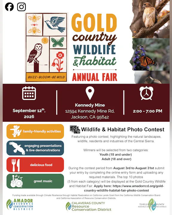 Annual Gold Country Wildlife & Habitat Fair on Sept 12, 2026, at Kennedy Mine, includes a photo contest, food, music, and activities.