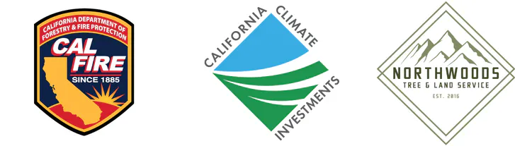 The image features three logos: CAL FIRE, California Climate Investments, and Northwoods Tree & Land Service.